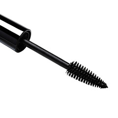 Close-up of a black mascara wand with bristles on a neutral background