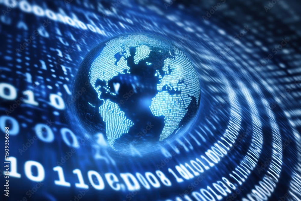 Poster a blue background with digital binary code and an earth globe, representing global connectivity and 