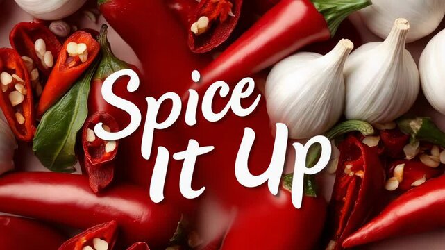 Vibrant red chili peppers and garlic close-up with fresh basil for spicy flavors.