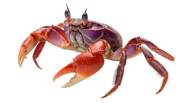 Purple and orange fiddler crab with large claw, isolated on transparent background