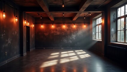 Illuminated industrial room with vintage lighting and natural light streams
