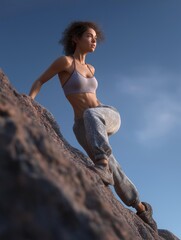 Young woman standing on top of a large rock. she is wearing a gray sports bra and grey sweatpants.