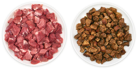 Top view of two plates with raw and cooked beef cubes side by side on transparent background. Fresh meat before and after cooking. Concept of preparation and transformation of food. PNG.