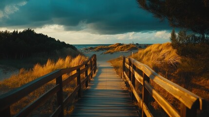Fototapeta premium Wooden boardwalk path leading to beach at sunset. Golden light illuminates the pathway through dunes. Dramatic clouds above