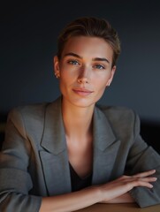 Portrait of a young woman sitting at a table with her arms crossed. she is wearing a grey blazer and a black top.