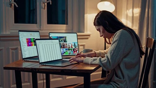Exhausted Woman Working Late at Home with Multiple Laptops &mdash; Remote Work Burnout and Digital Overload Concept