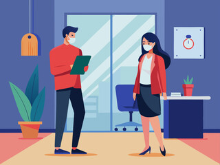 Office Interior Scene with People Practicing Physical Distance to Prevent Virus Transmission