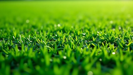 Lush Green Grass Background with Shallow Depth of Field and Sunlit Blades
