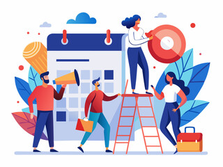 Colorful Flat Illustration of Time Management and Teamwork with Characters Around Central Calendar