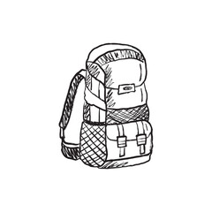 Tourist mountain vacation backpack with stripes in black brush stroke texture isolated on white. Hand drawn vector sketch illustration in vintage charcoal ink. Tourist hiking equipment