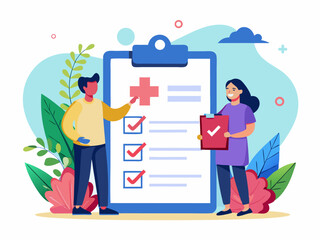 Colorful flat design scene showing collaborative task review with oversized checklist and nature elements