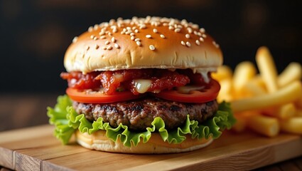 Classic Cheeseburger with Fries on a Wooden Board Featuring Tomato and Lettuce