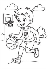 Happy cartoon boy playing basketball outdoors, wearing jersey number 5. Line art coloring page featuring a basketball hoop, ball, clouds, and bushes in the background.