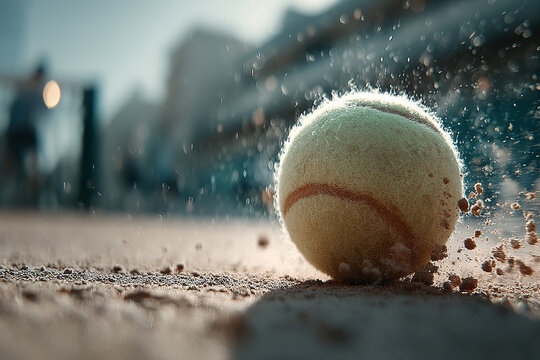 Tennis match on a clay court, blurred yellow ball moving left to right, two players in white attire, partial obscuration, reddish-brown court surface with debris, bright even lighting, - AI-Generated