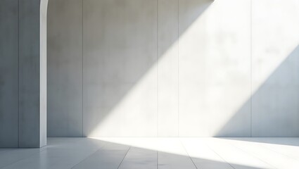 Minimalist interior space with bright sunlight casting shadows on gray wall