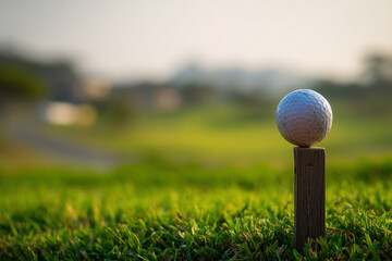 A golf ball rests on a teeing marker against a vertical post, amidst a well-kept golf course with trees in the background The scene is lit by soft shadows, suggesting dawn or dusk No - AI-Generated