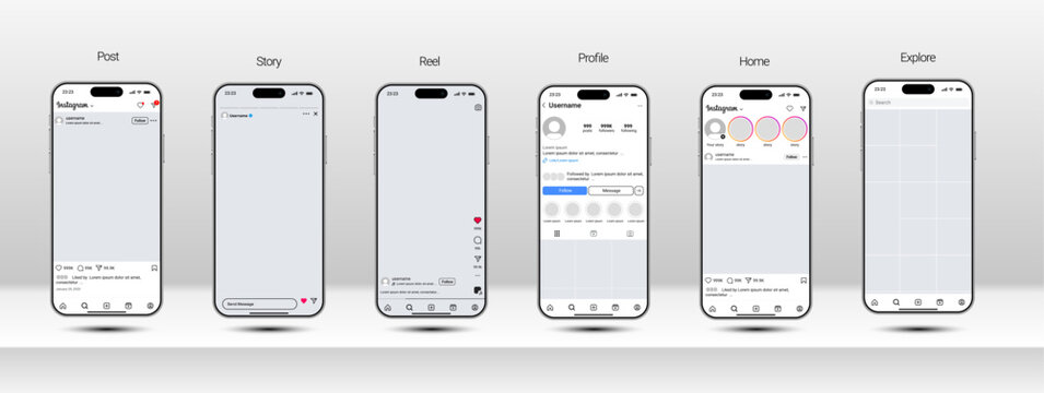 Instagram Post Reels Story Home Profile and Explore mockup update with iPhone 16 Pro Max. Social media template for Instagram UI and social network app interface design. Vector illustration.