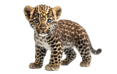 Fototapeta premium Young leopard cub confidently standing tall showing off its soft spotted coat and alert expression as it explores the dense forest environment isolated on transparent background PNG