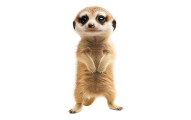 Young meerkat confidently standing tall on hind legs while scanning the surroundings with wide eyes full of curiosity and innocence isolated on transparent background PNG