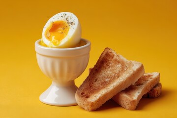 Fototapeta premium Weichgekochtes Ei Frühstücksei Toaststreifen Frühstück Klassisch Eierbecher Frühstücksidee Hausgemacht Einfach Proteinreich Morgenritual Warm Eiweißreich Minimalistisch Genuss Tellergericht