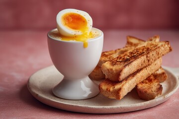 Fototapeta premium Weichgekochtes Ei Frühstücksei Toaststreifen Frühstück Klassisch Eierbecher Frühstücksidee Hausgemacht Einfach Proteinreich Morgenritual Warm Eiweißreich Minimalistisch Genuss Tellergericht