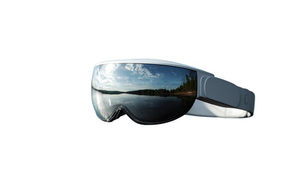 White virtual reality headset featuring a stunning lake landscape reflected on its visor, isolated against a transparent background, highlighting the fusion of nature and technology