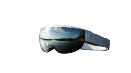 White virtual reality headset featuring a stunning lake landscape reflected on its visor, isolated against a transparent background, highlighting the fusion of nature and technology