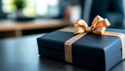 Gift box with gold ribbon. A beautifully wrapped gift box with a golden ribbon is showcased on a wooden table in a bright, modern office setting.