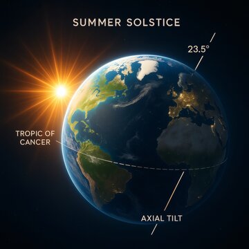 Earth Summer Solstice from Space with Sunburst, Tropic of Cancer and 23.5&deg; Axial Tilt - Astronomy and Educational Illustration
