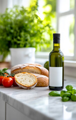 Fresh ingredients for healthy meals. Vibrant kitchen with fresh tomatoes, bread, olive oil, and green herbs on the countertop.