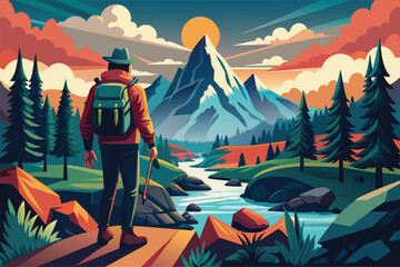 vector illustration of a man in a mountain landscape