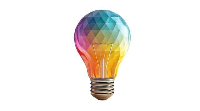 Colorful low poly light bulb is glowing on a transparent background, representing innovation, creativity, and futuristic energy efficient lighting solutions - Powered by Adobe