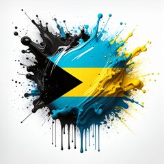 flag of the Bahamas with a creative, splattered paint design. The flag's aquamarine, gold, and black colors are vividly displayed, giving it a sense of movement, travel concept.