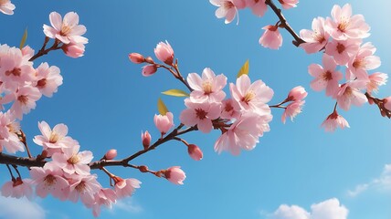 Delicate Blossom Canvas: Pink Cherry Flowers against a serene Blue Backdrop