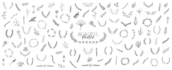 Beautiful Floral Design Elements Collection Pack: A vast collection of hand-drawn floral vector design elements, including wreaths, borders, dividers, and individual floral motifs.