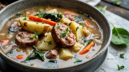 Italian potato soup with sausages, carrots and spinach in a bowl. Soup garnished with fresh herbs.