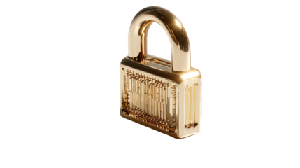 Shiny golden padlock securing microchip, symbolizing data protection and cybersecurity on a transparent background, ideal for technology and security related projects