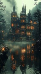 Mysterious castle deep in foggy forest high resolution picture