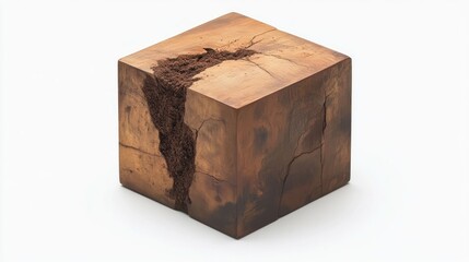 Wooden cube with natural cracks and dark inner section