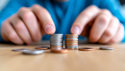 Counting coins to save money effectively. Individual focused on sorting and counting coins on a wooden table, showcasing personal finance management and savings.