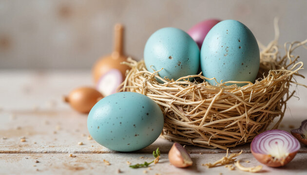 Cluster of blue eggs in straw nest with shallots on wooden surface   - Powered by Adobe