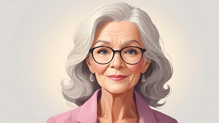 Elegant older woman with silver hair and glasses digital illustration