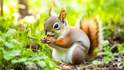 Naklejka premium Squirrel eating a nut in a sunny park. A small squirrel forages on the ground, holding a nut in its paws while surrounded by green grass and sunlight.