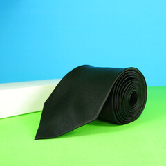 A black tie rolled with gift box closeup shot 