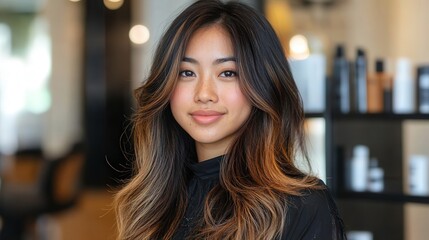 Smiling woman with long highlighted hair in a salon.