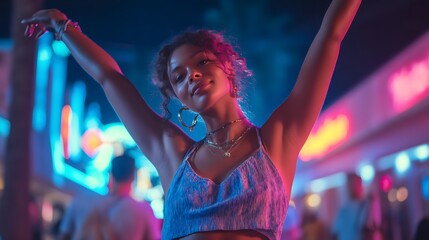 Stylish Gen Z teen recording TikTok dance in the middle of a vibrant city street, dynamic body pose, tripod with smartphone, trendy fashion, neon signs glowing in background, shallow depth of 