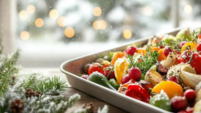 Festive roasted vegetables: vibrant seasonal dish with winter decor.