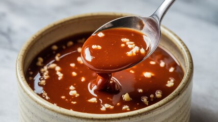 Homemade teriyaki sauce in a ceramic bowl. The sauce turns out to be thick and it shows grains of crushed garlic and grated ginger floating in a thick glaze with the addition of umami.