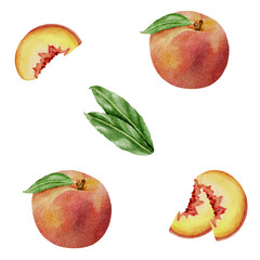 Slise of peach seamless pattern, watercolor technique. Suitable for food design, packaging, summer designs, textiles, labels, posters