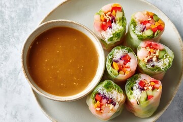 Sommerrollen Reispapier Gemüse Erdnusssauce Vegan Frisch Leicht Gesund Asiatisch Vorspeise Fingerfood Bunt Vietnamesisch Streetfood Low Carb Hausgemacht Snack Rezept